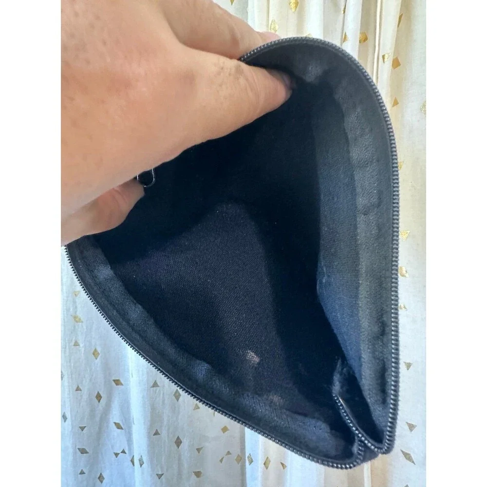 Unbranded Black Canvas Wooden Floral Cutout Embellishment Zipper Cosmetic Pouch